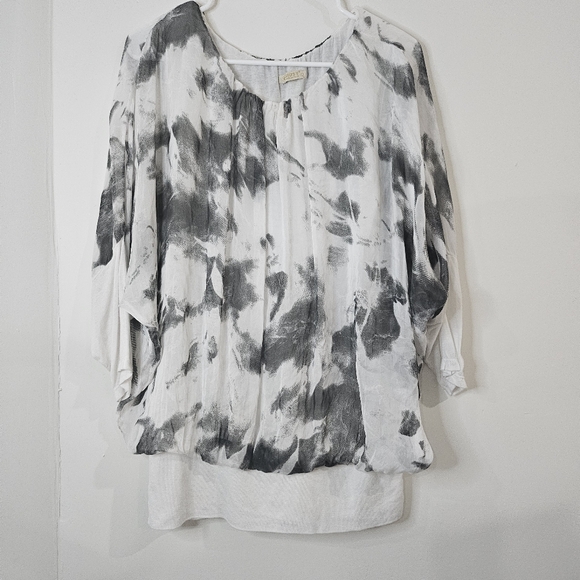 Giusy Flowy Grey White Tie-Dyeish Drop Shoulder Dolman Sleeve Silk Blouse Top L - Picture 2 of 6